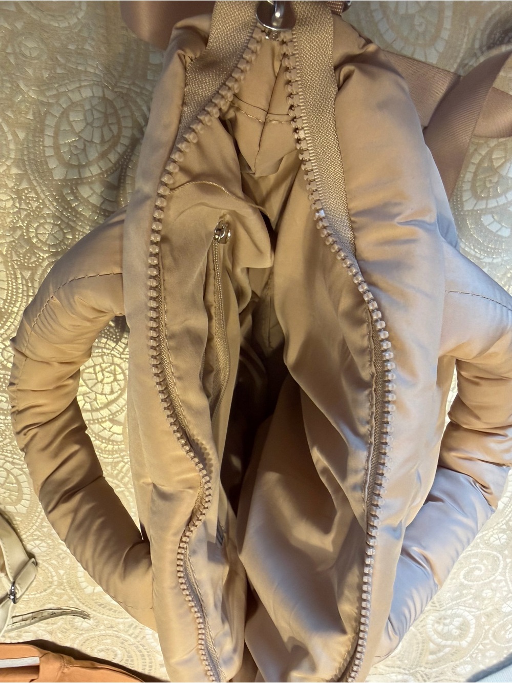 Beige Puffer Shoulder Bag with Top Handle - Picture 5 of 6